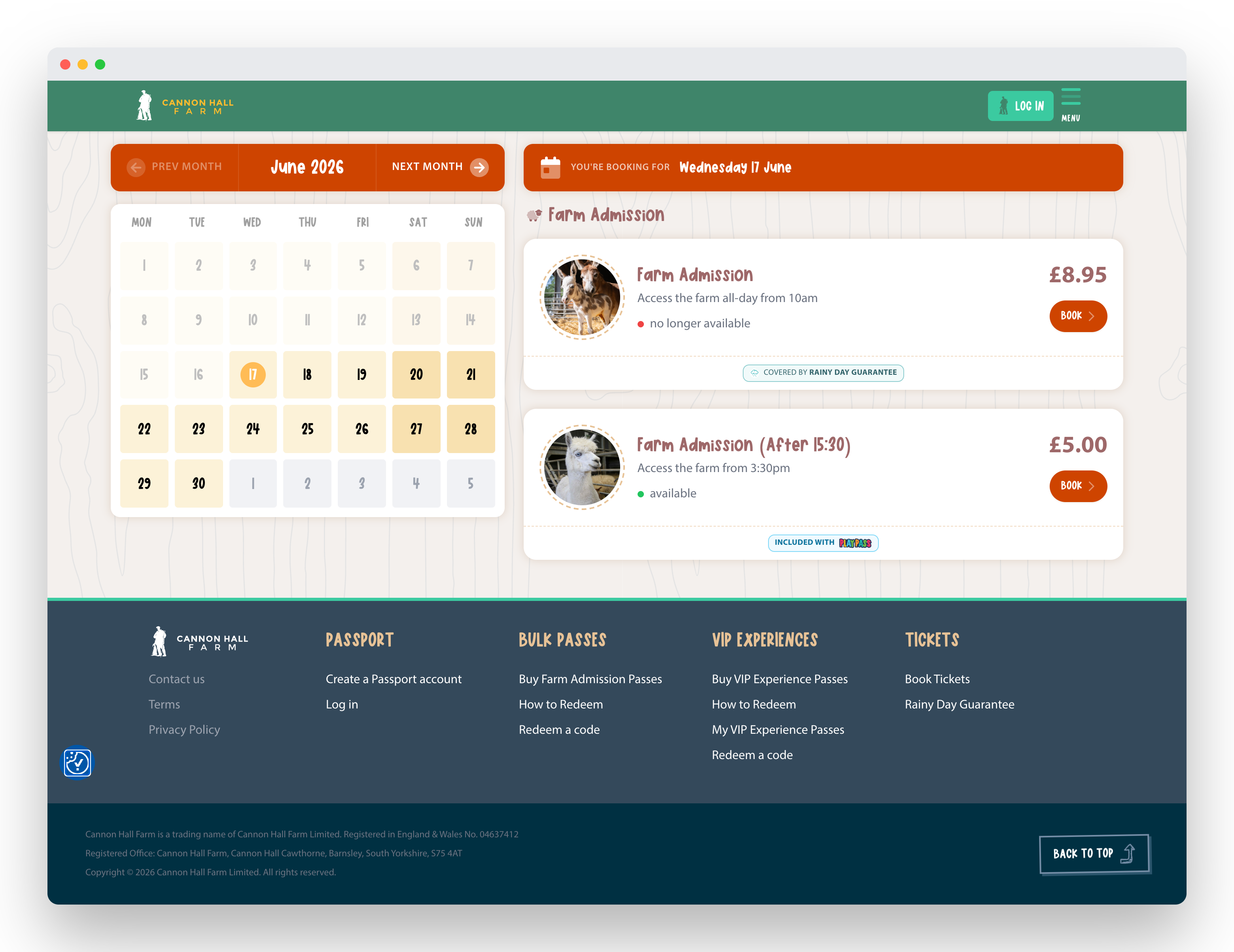 The live booking page — date picker, bundled and after-3:30 tickets, a “Covered by Rainy Day Guarantee” badge and a “Sign in with Passport” account, all in one custom-built flow.