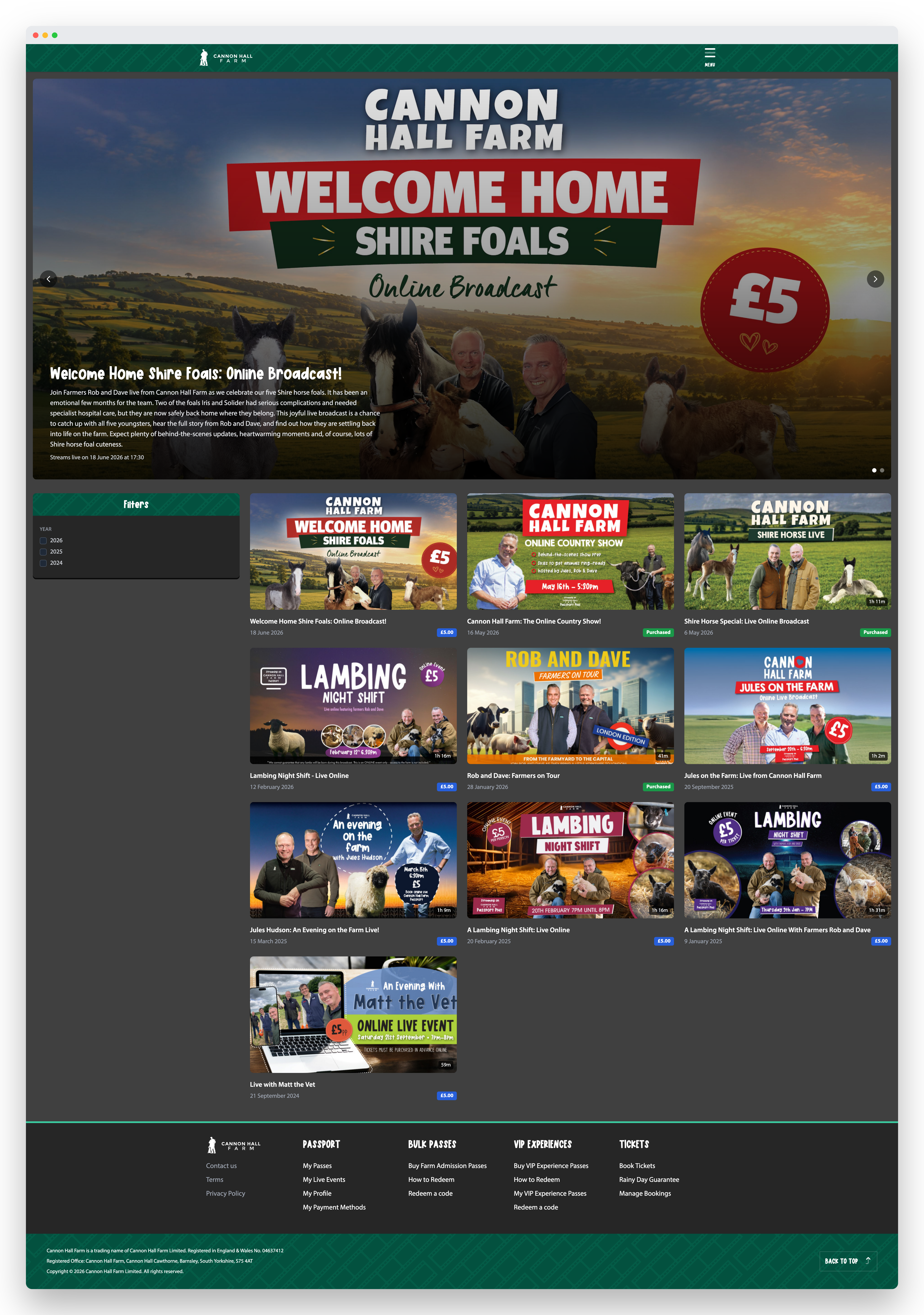 The Passport video platform — a library of live broadcasts and on-demand catch-up, each one ticketed, filterable by year and watchable inside the customer’s account.