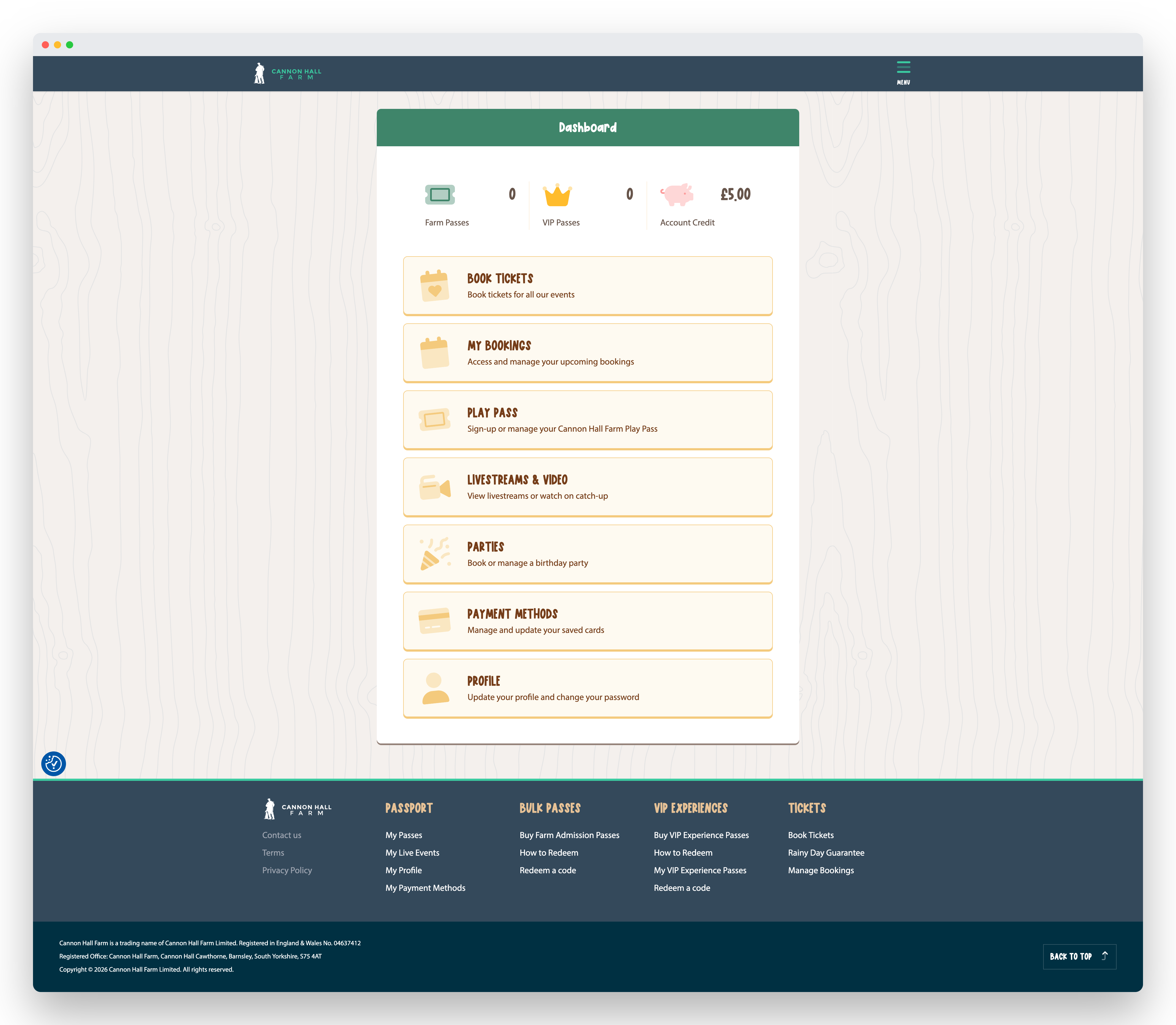 A visitor’s Passport dashboard — farm passes, VIP passes and account credit at a glance, with everything in one place: book tickets, manage bookings, the Play Pass, livestreams and catch-up video, parties, payment methods and profile.