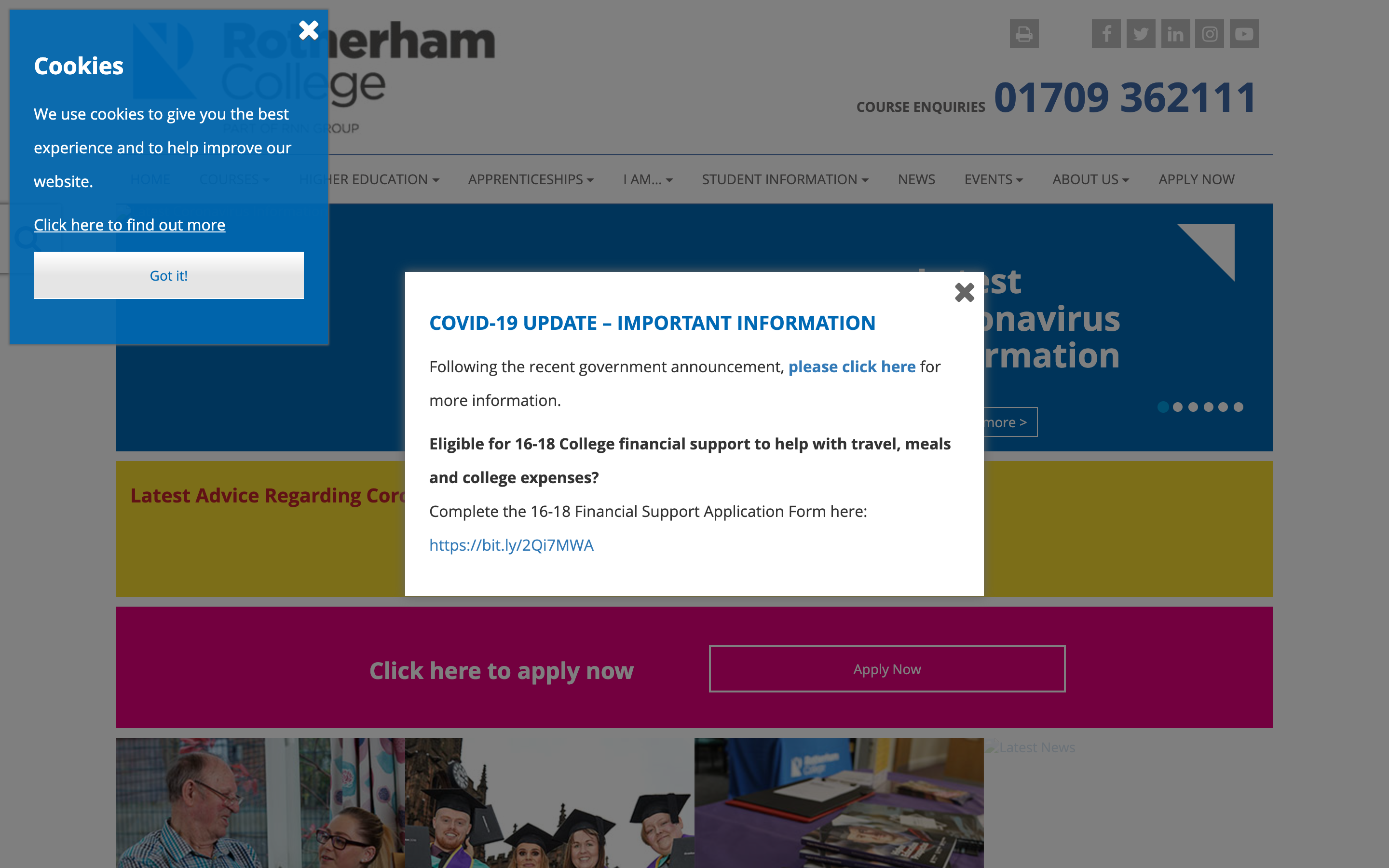 Before — Rotherham College's old site: blocky, phone-number-led, hard to use on a mobile